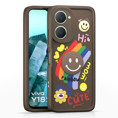 Image of Pikkme Back Cover for iQOO Z9 Lite 5G / Vivo T3 Lite 5G / Vivo Y18 / Y18e / Y03 | Soft Silicone| Cute Rainbow Smile & 3D Cartoon Flower Design | Shockproof Raised Camera protection Bumper Case (Brown)