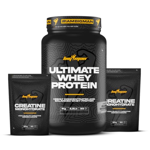 Pack BigMan Ultimate Whey Protein 1 kg + Creatina 180 gr | Proteína de suero de leche en polvo, Desarrollo de Masa Muscular y Recuperación, Fuerza, Resistencia. (1 kg, Fresa)