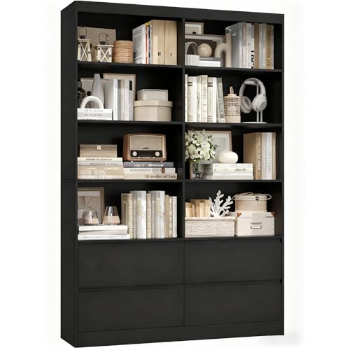 FirFurd 180cm Estantería con 4 Cajones, Estantería Libros, Librería, Estante, Mueble Almacenaje, para Oficina, Salón, Estudio, Comedor, Grande y Alta, 8 Compartimentos, Negro, 120x30x180cm