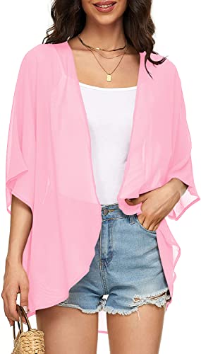 Image of Indian Trendy Women's Solid Puff Sleeve Kimono Cardigan Loose Cover Up Casual Blouse Top Chiffon