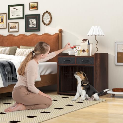 GOPLUS Hundekäfig, Hundebox mit 2 Stoff-Schubladen, abschließbare Tür, Hundehütte Indoor, Tierkäfig Haustierkäfig für Kleine und Mittelgroße Hunde, 62x49,5x63cm