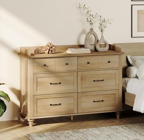 WAMPAT Oak Dresser for Bedroom with 6 Drawers, Baby Dresser with Solid Wood Legs, Farmhouse Light...