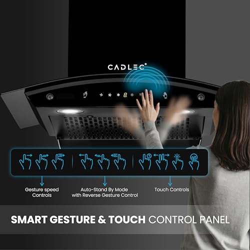 Image of Cadlec CurveFlow 60cm Filterless Curved Glass Kitchen Chimney | 1400 m /hr Powerful Suction | Auto Clean with Oil Collector | Feather Touch + Gesture Control Technology | 20-Year Warranty | Black