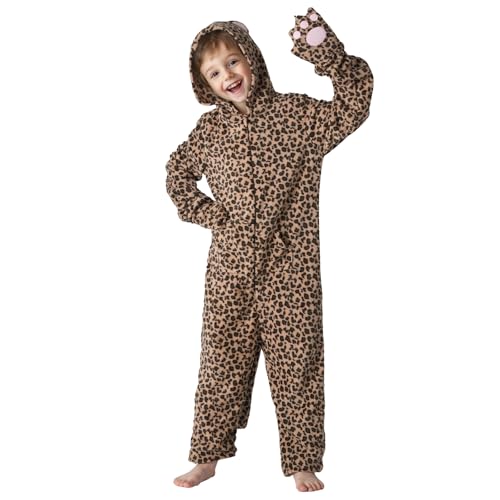 GEWONELIFE Cheetah Costume 4-6T Kids Flannel Leopard Print Onesie with Zipper Unisex Halloween Animal Pajamas for Boys & Girls Cosplay Outfit