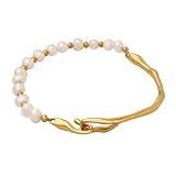 14K Gold Pearl Bangle for Women,Dainty Freshwater Cultured Pearl Beaded Bangle Bracelet,Fashion Jewe