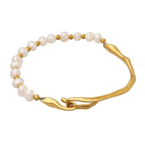 14K Gold Pearl Bangle For Women,Dainty Freshwater Cultured Pearl Beaded Bangle Bracelet,Fashion Jewelry Gift For Mom,Girlfriend,Wife (Yellow Gold, 14K Gold) #TOP11