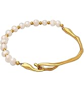 14K Gold Pearl Bangle for Women,Dainty Freshwater Cultured Pearl Beaded Bangle Bracelet,Fashion J...