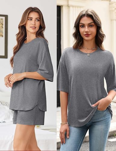 Image of Ekouaer Women's Two Piece Lounge Set Oversized Boxy T-shirt Casual Short Sets Summer Travel Matching Set 2026 Fashion