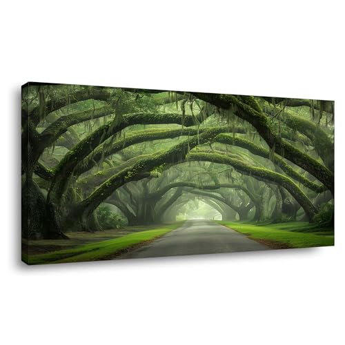 TEKMENT Green Oak Tree Forest Wall Art for Bedroom Canvas Painting Prints Beautiful Misty Woods Road Art Deco Spring Artwork Office Family Decor