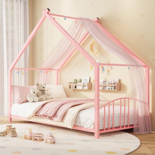Image of Garvee Twin Size Metal House Bed Frame for Kids, Pink