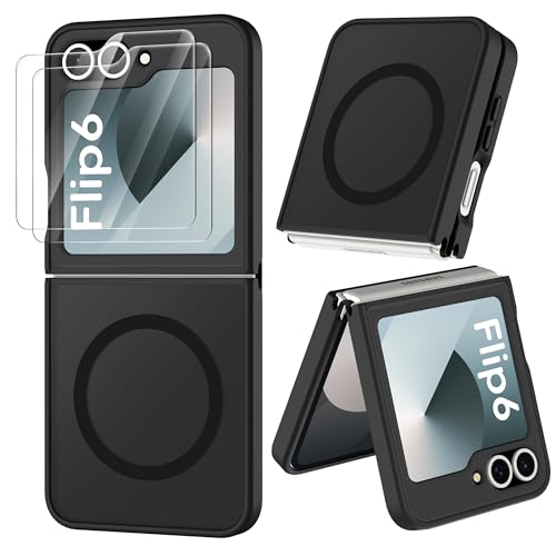 Image of ORETECH Magnetic for Samsung Galaxy Z Flip 7 FE Case Galaxy Z Flip 6, with [2 x Screen Protector] Translucent Back Non-Slip Shockproof Bumper Case for Galaxy Z Flip 7FE / 6 - Black | 2 Pack Screen Protector, Translucent Back Non-Slip Hard PC Shockproof Cover