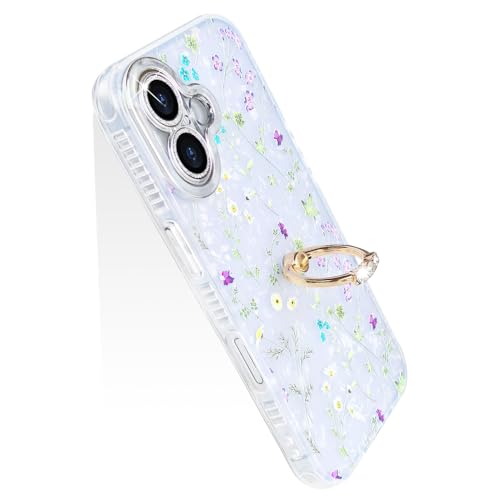 YUYIB iPhone16 用 ケース リング付き キラキラ レンズフィルム付き カメラ保護 かわいい 花柄 キャラクター ストラップホール おしゃれ 女性人気 耐衝撃 スマホケース アイフォン16 6.1" 携帯カバー (花柄2, iPhone 16)