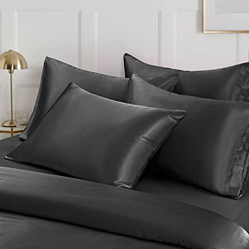 Image of Ersmak 6 Pieces Satin Duvet Cover Full /Queen Size Luxury Silky Bedding Duvet Cover Set with 1 Soft Duvet Cover, 4 Queen Pillowcases and 1 Body Pillowcase, Black