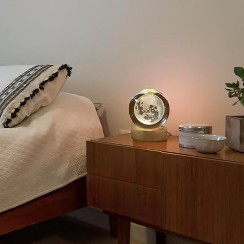 Image of 3D Crystal Ball Night Light with Wooden Base, Aesthetic Clear LED Lamp for Home and Bedroom Touch Switch, Warm Light for Kids and Teens Perfect Birthday & Anniversary (Crystal Moon Lamp)