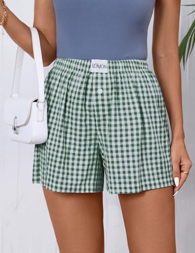 Image of LOMON Womens Boxer Shorts Casual Summer 2026 Pajama Lounge Sleep Pj Gingham Plaid Shorts Y2K Beach Bottoms
