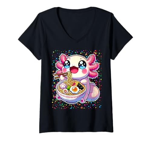Femme Anime Kawaii Axolotl Mangeant Ramen Nouilles Enfants Adolescent Fille Garçon T-Shirt avec Col en V