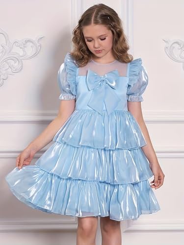 Image of Tagas Girls Dress | Premium Jimmy Choo Fabric Look | Light Sky Blue Layered Frock with Bow | Birthday, Wedding & Festive Dress for Kids (Ages 1 9 Years)| Knee Length