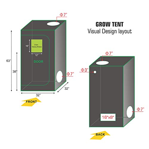 Bloomgrow Hydroponic 32''X32''X63'' 600D High Reflective Mylar Water-Resistant Indoor Grow Tent Dark Room With Removable Floor Tray W/ Observation Window Metal Corner For Indoor Seedling Plant Growing #TOP1
