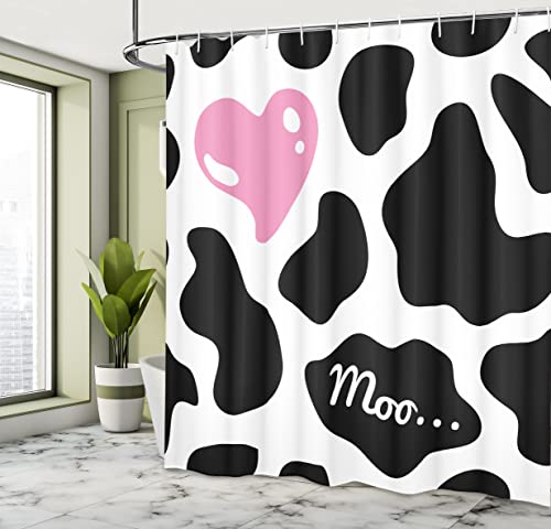 Ambesonne Cow Print Shower Curtain, Camouflage Hide Skin Pattern In Pastel Color Shades Heart Shape Moo, Cloth Fabric Bathroom Decor Set With Hooks, 69" W X 70" L, Pink Black White #TOP3