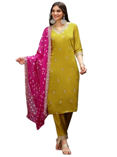 Image of ishin Yellow Floral Embroidered Thread Work Straight Kurta With Trousers & With Dupatta | Kurta set for women | Kurta with trousers and dupatta