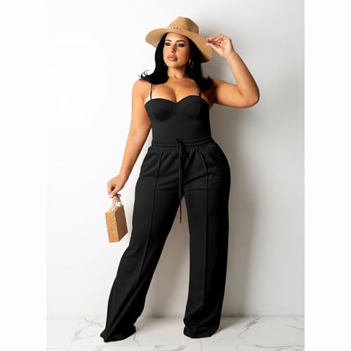 Women's Plus Size Casual Wide Leg Pants High Waisted Drawstring Baggy Sweatpants Elastic Straight Leg Lounge Pants3