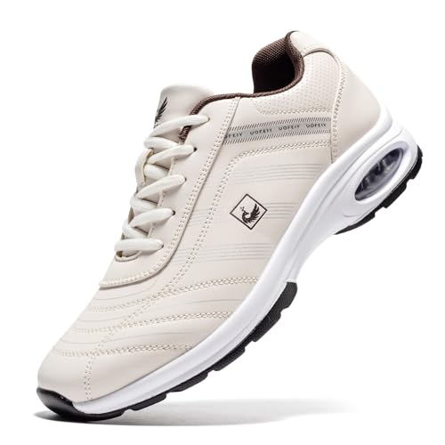 U.Ofeiy Mens Fashion Lace Up Leather Sneaker Casual Anti Slip Spikeless Golf Shoe for Mens Outdoor Running Shoes Golfers Beige Color Size 10.5