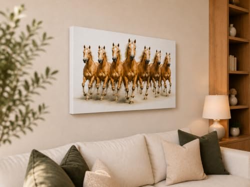 Image of 7 Horse Vastu Sunrise Canvas Painting | Positive Energy Wall Decor | Big Size Premium Running Horses Artwork for Home, Office & Hall Decoration (Modern, Light Brown Horse, 26x18 Inch)