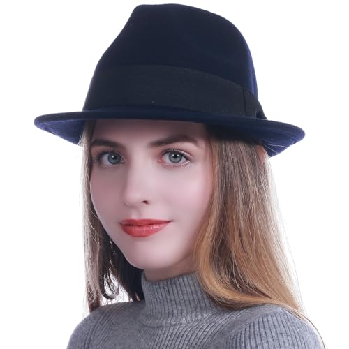 HEYANN Fedora Sombrero de fieltro de moda para hombre y mujer, de fieltro de lana, gorra de jazz, de ala corta, sombrero trilby con elegante sombrero panamá para mujer, Azul Marino-A, L