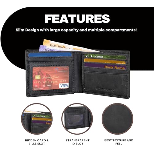 Mens Wallets - RFID Blocking Minimalist Wallet for Men, Slim Leather Bifold Wallet with ID Card Holder, Black Textured3