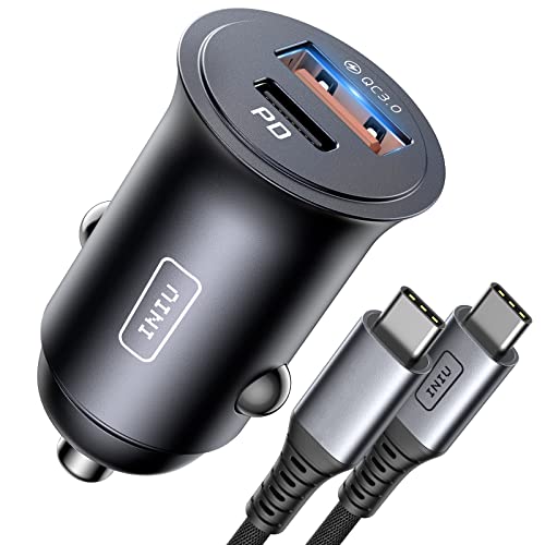 Car Charger, INIU 2 Ports [USB C 30W+USB A 30W] 5A QC 3.0 PD Fast Charge Car Charger Adapter with 60W USB C to USB C Cable, Metal Type C Car Charger for iPhone 13 iPad Samsung S21 Airpods Tablets etc