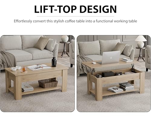 Blisswood Coffee Table With Storage, Lift Up Coffee Tables for Living Room, Wooden Coffee Table With 1 Shelf Large Hidden Storage Modern Rectangular Sofa End Lift-Top Tea Table Furniture (Oak) - Image 7