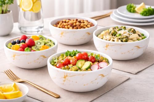 Image of Ariya 4.5 Inch Melamine Soup Bowls Set of 4 (350 ml) | White /Gold | Serving Bowls for Soup, Salad, Noodles, Pasta, Oatmeal | Durable & Stylish Dinnerware for Daily & Special Use