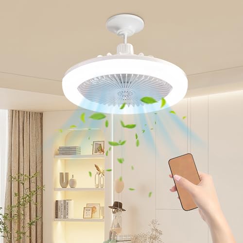 YumSur Ceiling Fan with LED Lights, Ceiling Lamp with Fan and Remote, Timing, 3 Color Dimmable LED, 3 Speeds, Small Electric Fan Lamp for Bedroom Living Room Office and Dormitory