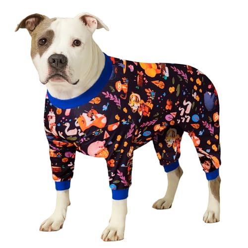 LovinPet Full Onesie for Large Dog, Lightweight Stretchy Fabric, Woodland Musicians Black Print, Pet Pajamas for Dogs, UV Protection, Lage Breed Dog Jammies, Pet PJ's, Pitbull Clothes, Large