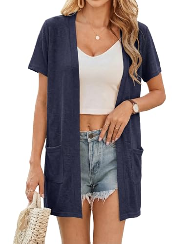 Totatuit Gilet Long Femme éTé Avec Poches Gilet LéGer Et éLéGant Cardigan Parfait Pour L’éTé Ou Comme ParéO De Maillot De Bain Bleu Marine，XL