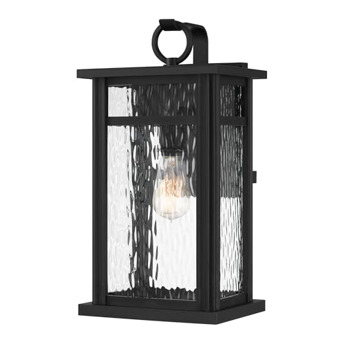 Quoizel Moira Outdoor Wall Lantern, Coastal Armour 18 Inch 1-Light Earth Black Wall Sconce, Clear Water Glass Exterior Wall Lantern Fixture, Outside Lights for Patio, Porch, Garage or Yard