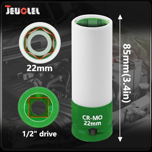 Image of 22mm 1 /2 inchDrive Wheel Protector Impact Socket, Lug Nut Impact Socket | 6 Point, Non-Marring, Thin Wall, Deep Socket, Wheel Protector, Protective Socket, Color-Coded, Cr-Mo Steel, Hand Repair Tool