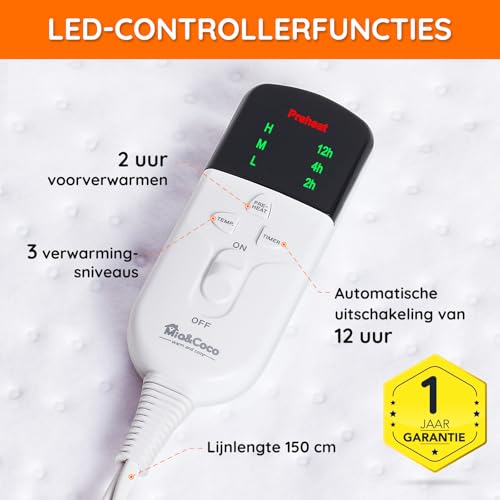 Mia&Coco Heizdecke mit Abschaltautomatik, 160 x 130 cm, Wärmeunterbett mit 12-Stunden-Timer und 3 Wärmestufen, LED-Anzeige, Überhitzungsschutz, Wärmedecke für Gängigen Matratzen,Maschinenwaschbar