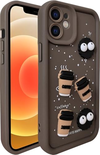 Image of SHINESTAR Back Cover for iPhone 12 - 3D Cartoon Coffee & Eyes Design | Soft Silicone Shockproof Case with Full Camera Protection | Cute & Playful Phone Cover - Brown