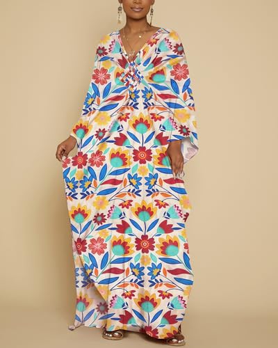 Image of Bsubseach Women Floral Print Kaftan Dresses Plus Size Bathing Suit Cover Up Moo Moos Caftan Beach Dress for Swimwear Summer