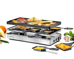 ROMMELSBACHER Pizza Raclette RCP 1800, Wendeplatte (Grillmuster/Crêpes), Pizzafunktion, keramische Antihaftbeschichtung (PFAS-frei), Parkdeck, 2 m Kabel, Ein/Ausschalter, stufenlose Temperaturregelung