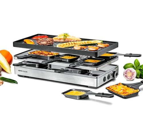 ROMMELSBACHER Pizza Raclette RCP 1800, Wendeplatte (Grillmuster/Crêpes), Pizzafunktion, keramische Antihaftbeschichtung (PFAS-frei), Parkdeck, 2 m Kabel, Ein/Ausschalter, stufenlose Temperaturregelung
