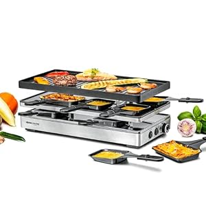 ROMMELSBACHER Pizza Raclette RCP 1800, Wendeplatte (Grillmuster/Crêpes), Pizzafunktion, keramische Antihaftbeschichtung, Parkdeck, 2 m Kabel, Ein/Ausschalter, stufenlose Temperaturregelung