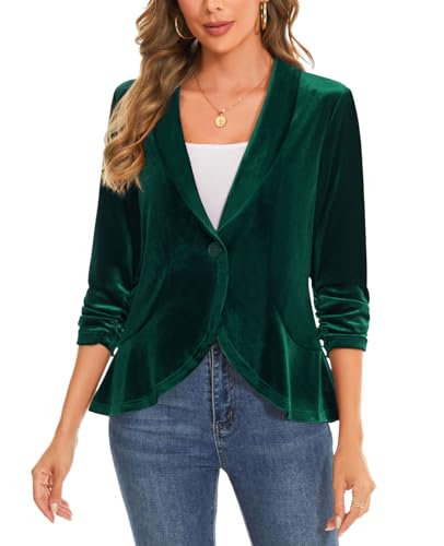 MINTLIMIT Women's Velvet Blazer Ruched 3/4 Sleeve Shawl Lapel Button Front Ruffle Tailored Cardigan Suit Jacket Blazer4