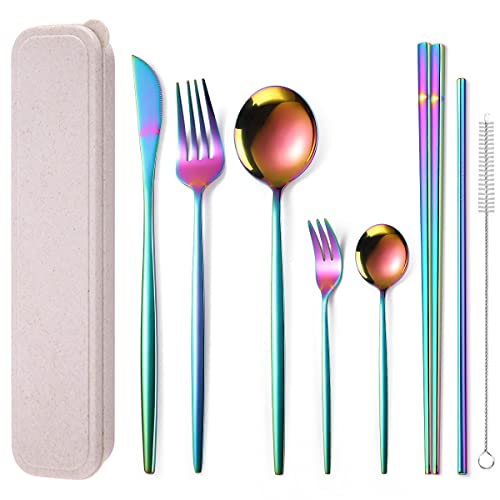 AARAINBOW 8 Pieces Stainless Steel Flatware Set Portable Reusable Cutlery Set Travel Utensils Set Including Chopsticks Knife Fork Spoon Straws Cleaning Brush Dishwasher Safe (Multicolored)