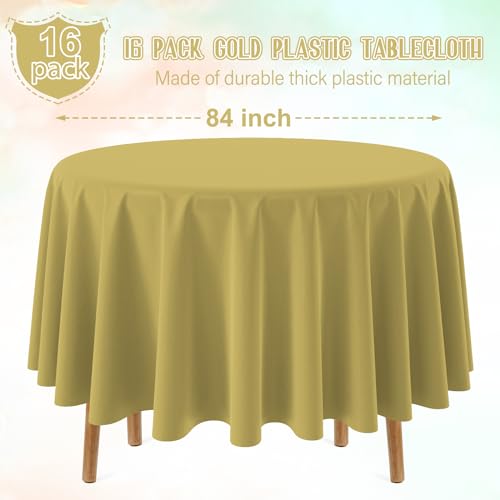 Image of 16 Pack Gold Plastic Tablecloth for Round Tables, Premium Decorative Gold Disposable Table Cloths for Parties, Bulk Round Party Table Cover for Birthday Wedding Anniversary Graduation, 84 Inch