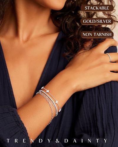 FUNEIA Dainty Silver Gold Bracelets for Women Trendy Non Tarnish 14K Gold Plated Waterproof Diamond Bracelets Cute Stackable Heart Butterfly Clover Cross Evil Eye Charm Bracelet Stack Jewelry Gifts3