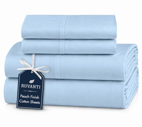 RUVANTI 100% Cotton Percale Sheets Queen, Sky Blue