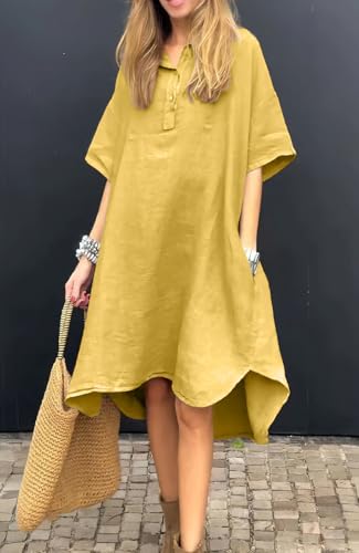 chouyatou Women's Summer Casual Linen Beach Tunic Dress Loose High Low Midi Long Polo T Shirt Dress2