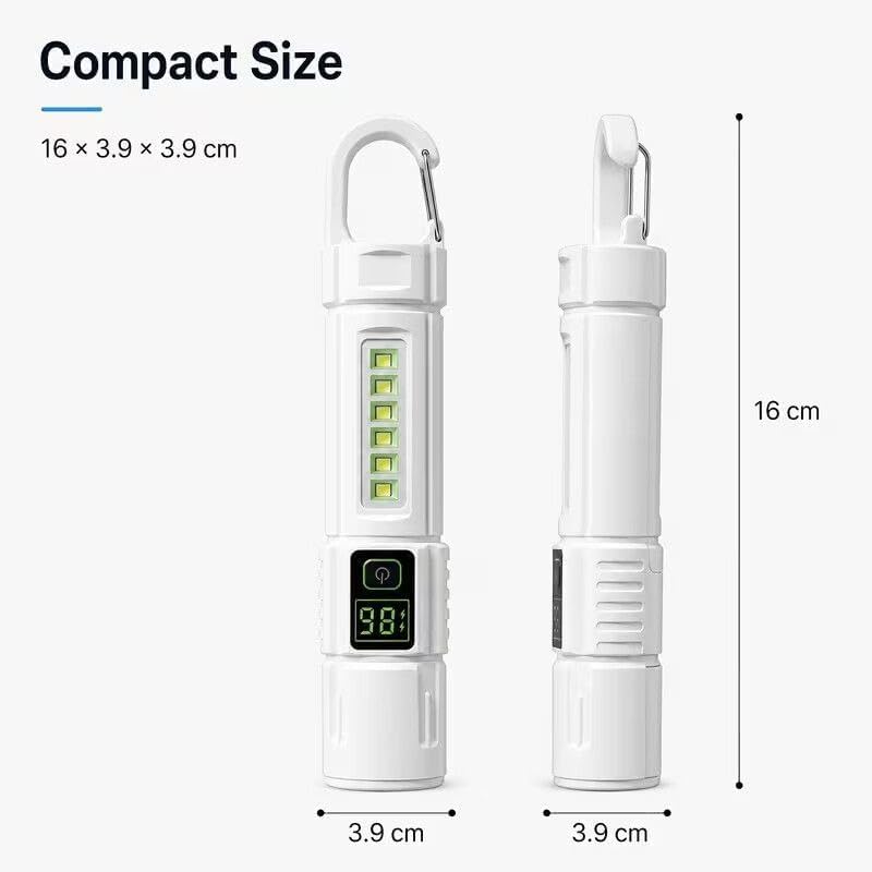 Image of TRENDING Rechargeable LED Flashlight with Side COB Work Light, Digital Battery Display, High /Low Beam, Flash & Red Blue Emergency Strobe, Hanging Hook Torch for Camping, Hiking, Car Repair (White)
